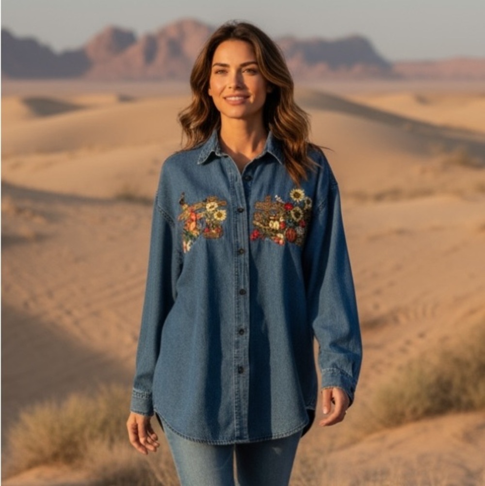 Vintage Solutions Women's Embroidered Blue Button Down Shirt
